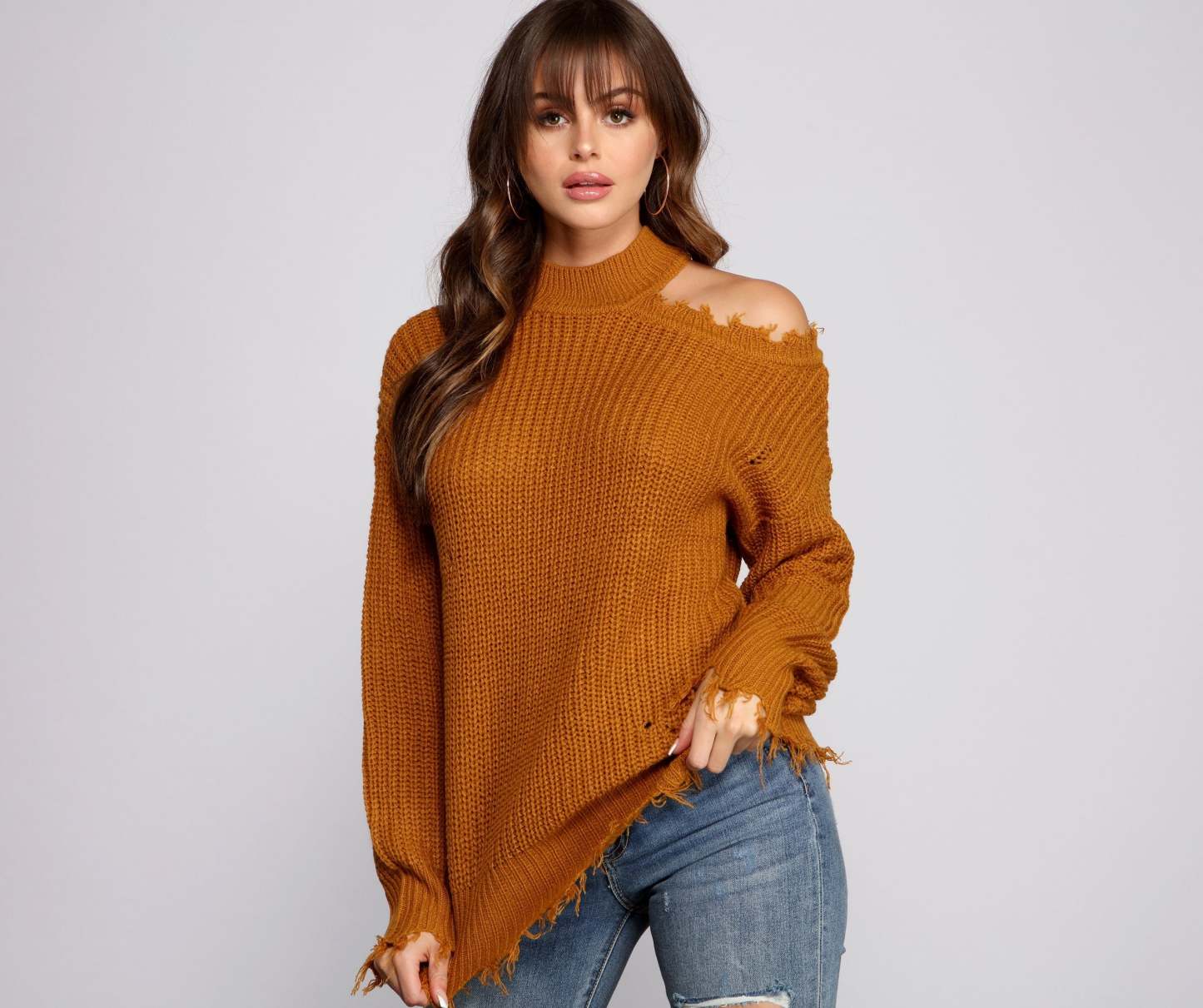 Distressed Cold Shoulder Crew Neck Sweater - Lady Occasions