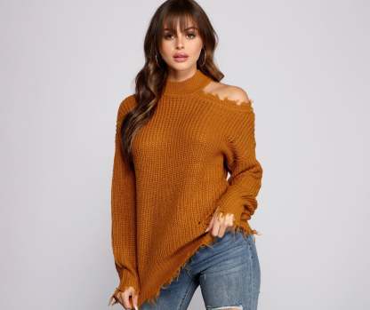 Distressed Cold Shoulder Crew Neck Sweater - Lady Occasions