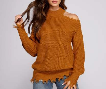 Distressed Cold Shoulder Crew Neck Sweater - Lady Occasions