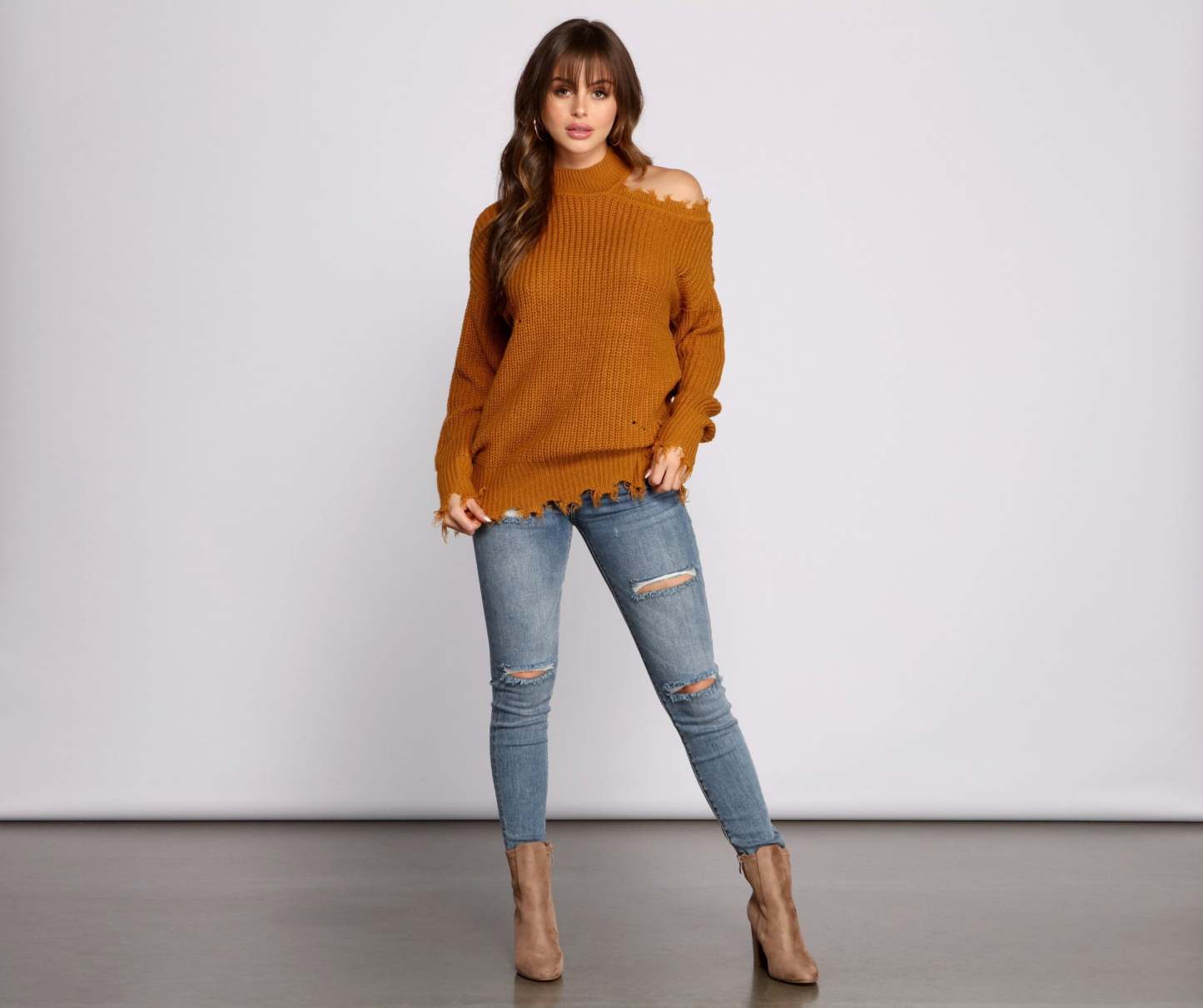 Distressed Cold Shoulder Crew Neck Sweater - Lady Occasions