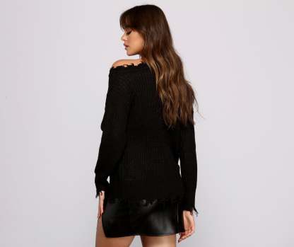 Distressed Cold Shoulder Crew Neck Sweater - Lady Occasions