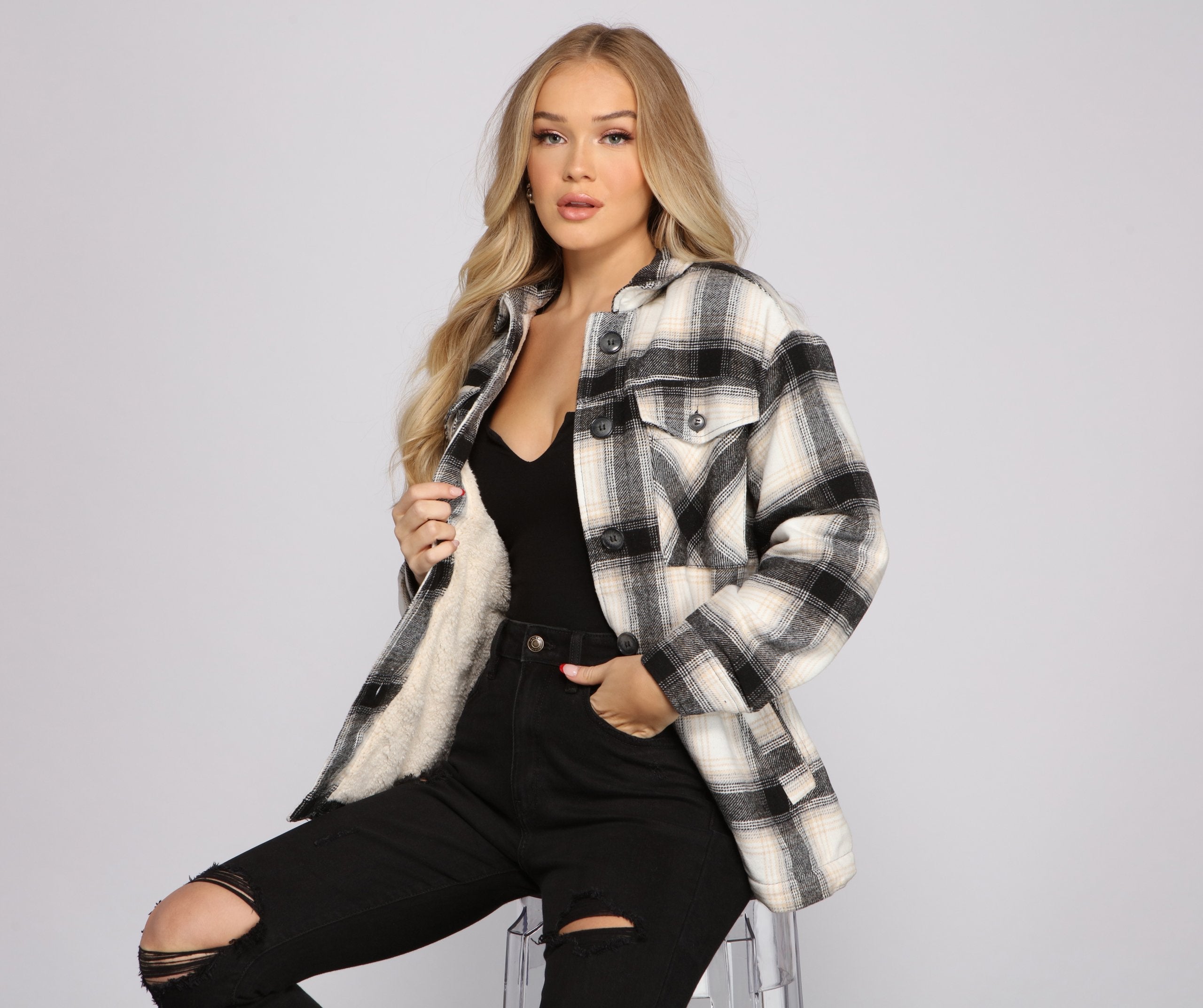 Falling For Cozy Vibes Plaid Sherpa Jacket - Lady Occasions