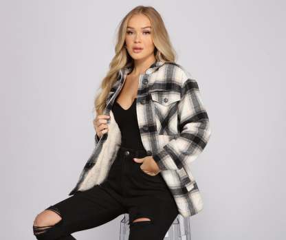 Falling For Cozy Vibes Plaid Sherpa Jacket - Lady Occasions