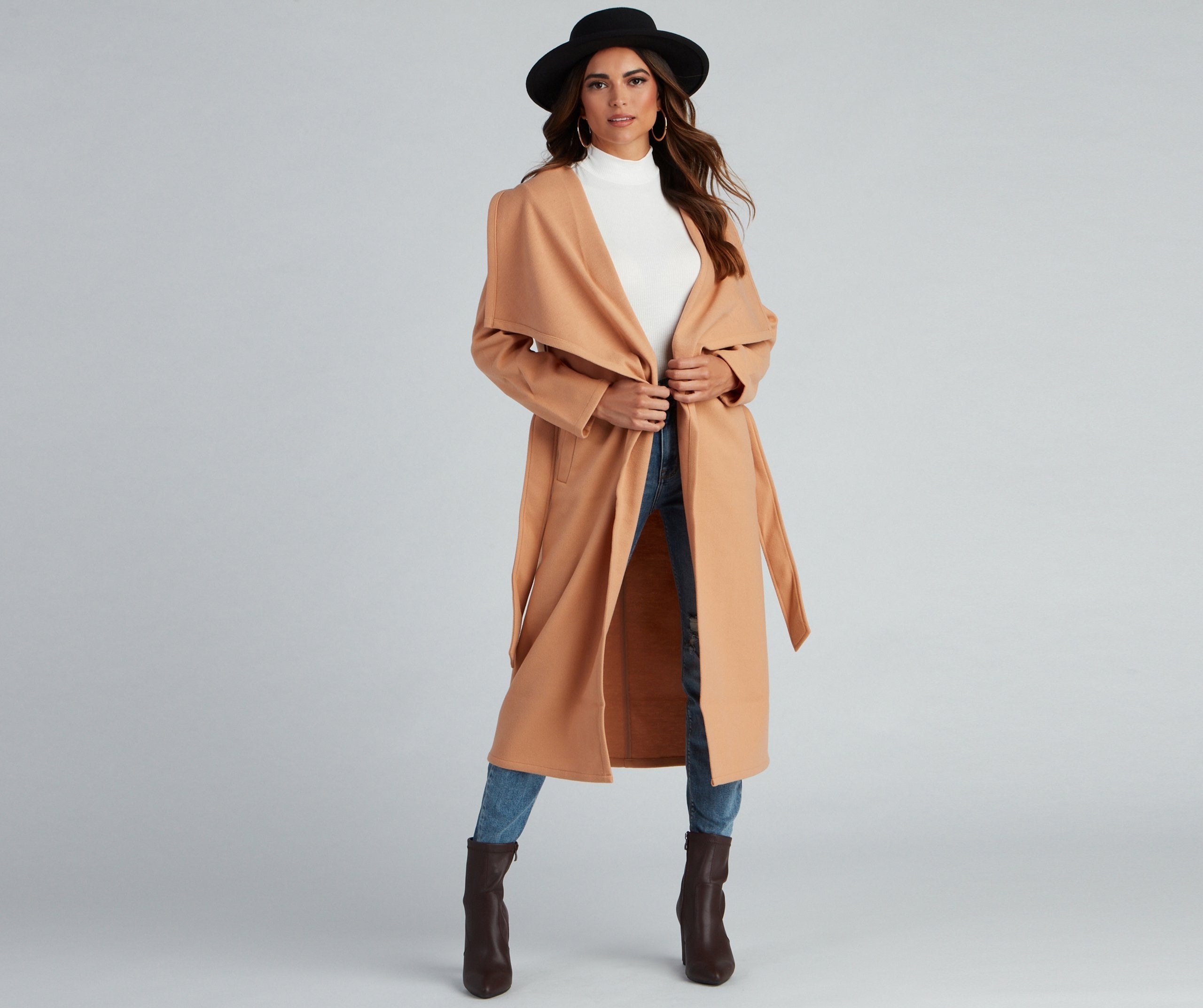 Timeless Sophistication Belted Faux Wool Coat - Lady Occasions