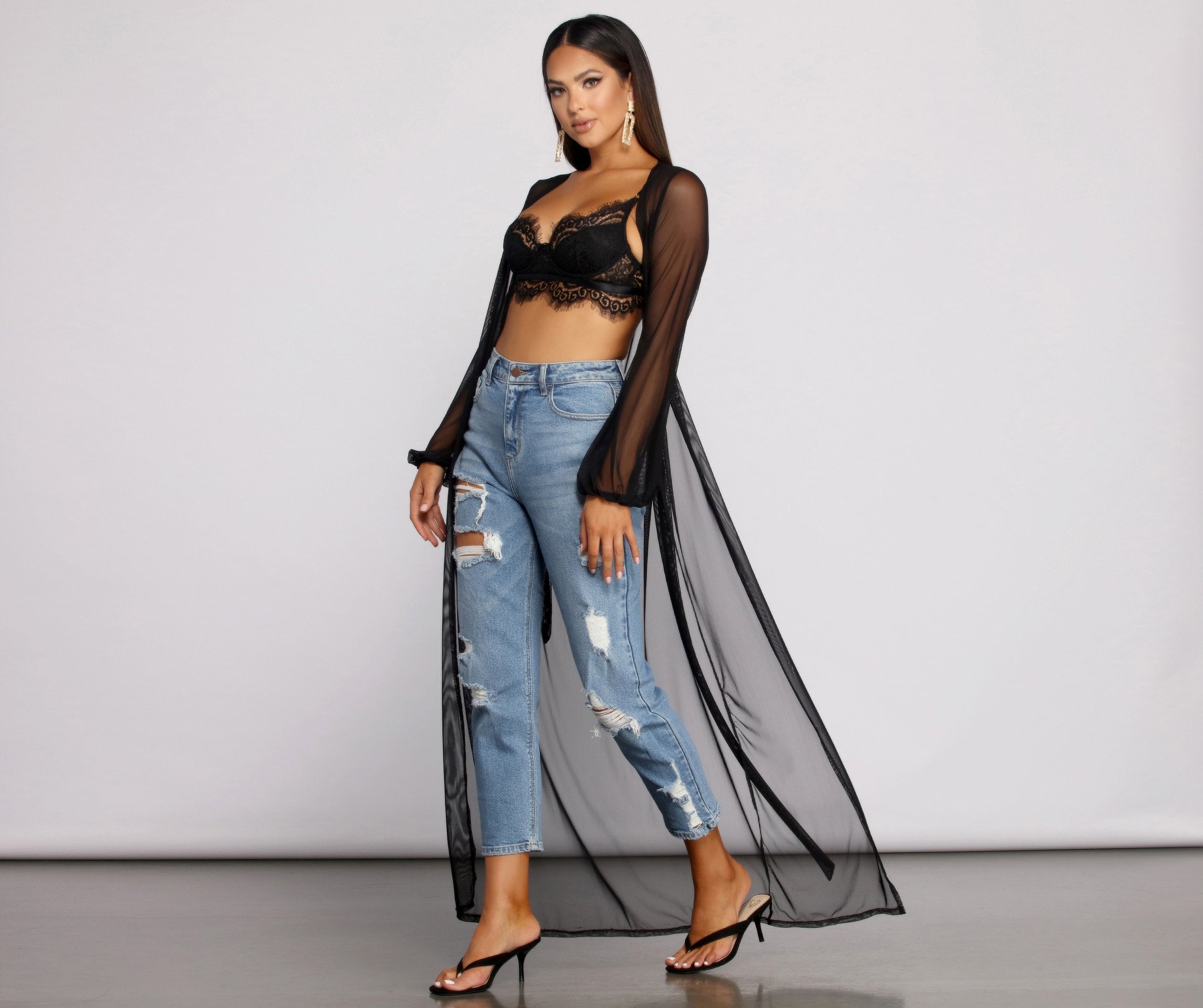 Mesh Tie Waist Long Duster - Lady Occasions