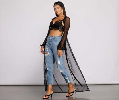 Mesh Tie Waist Long Duster - Lady Occasions