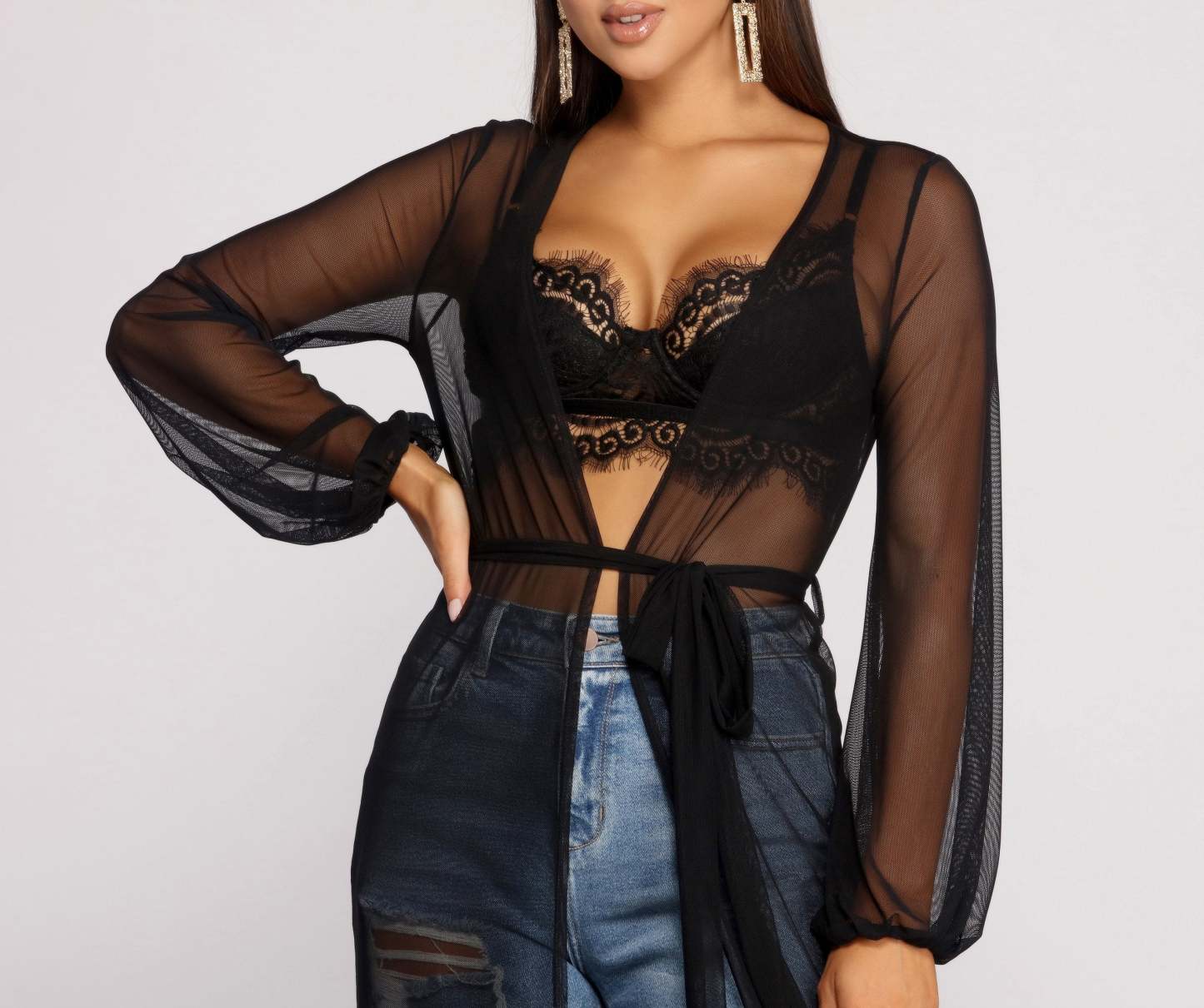 Mesh Tie Waist Long Duster - Lady Occasions