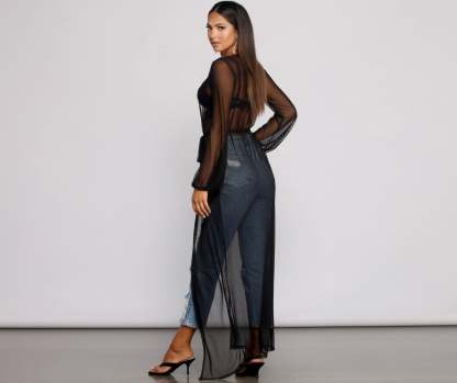 Mesh Tie Waist Long Duster - Lady Occasions