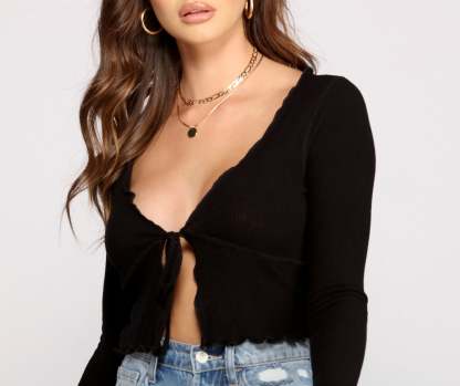 Trendy Ribbed Knit Tie-Front Top - Lady Occasions