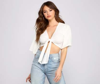 Kimono Sleeve Tie Front Top - Lady Occasions