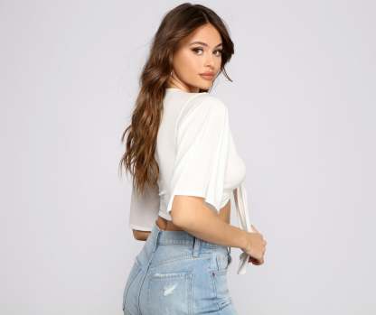 Kimono Sleeve Tie Front Top - Lady Occasions