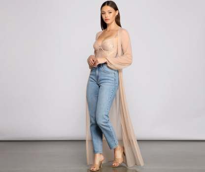 Mesh Tie Waist Long Duster - Lady Occasions