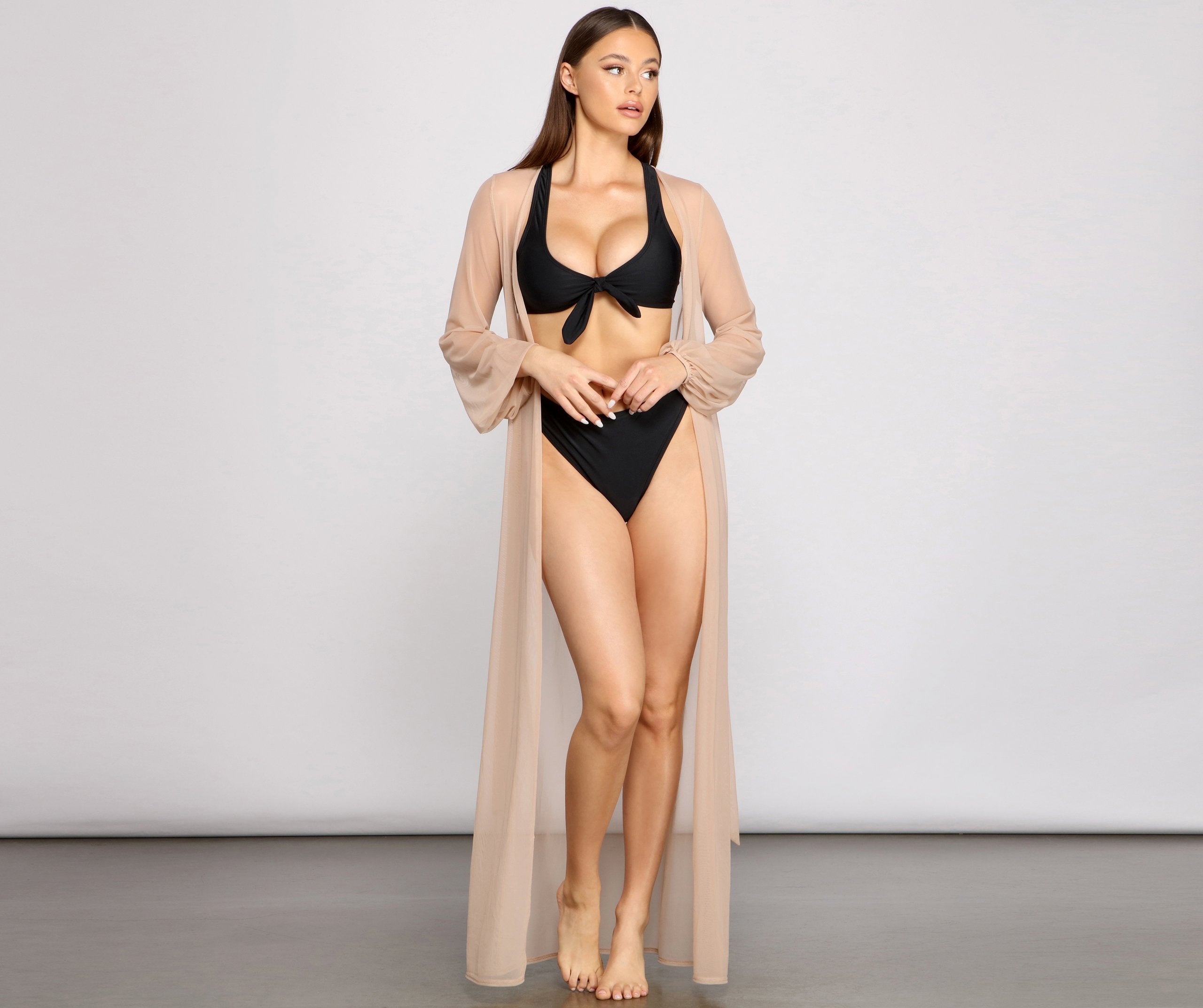 Mesh Tie Waist Long Duster - Lady Occasions