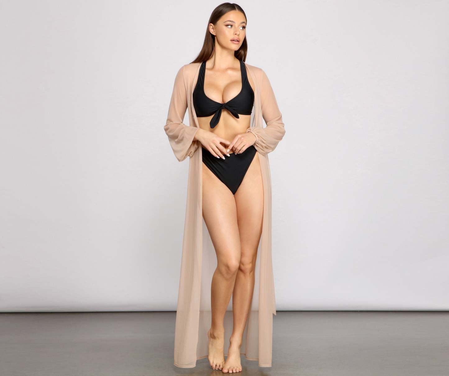 Mesh Tie Waist Long Duster - Lady Occasions