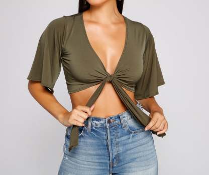 Kimono Sleeve Tie Front Top - Lady Occasions
