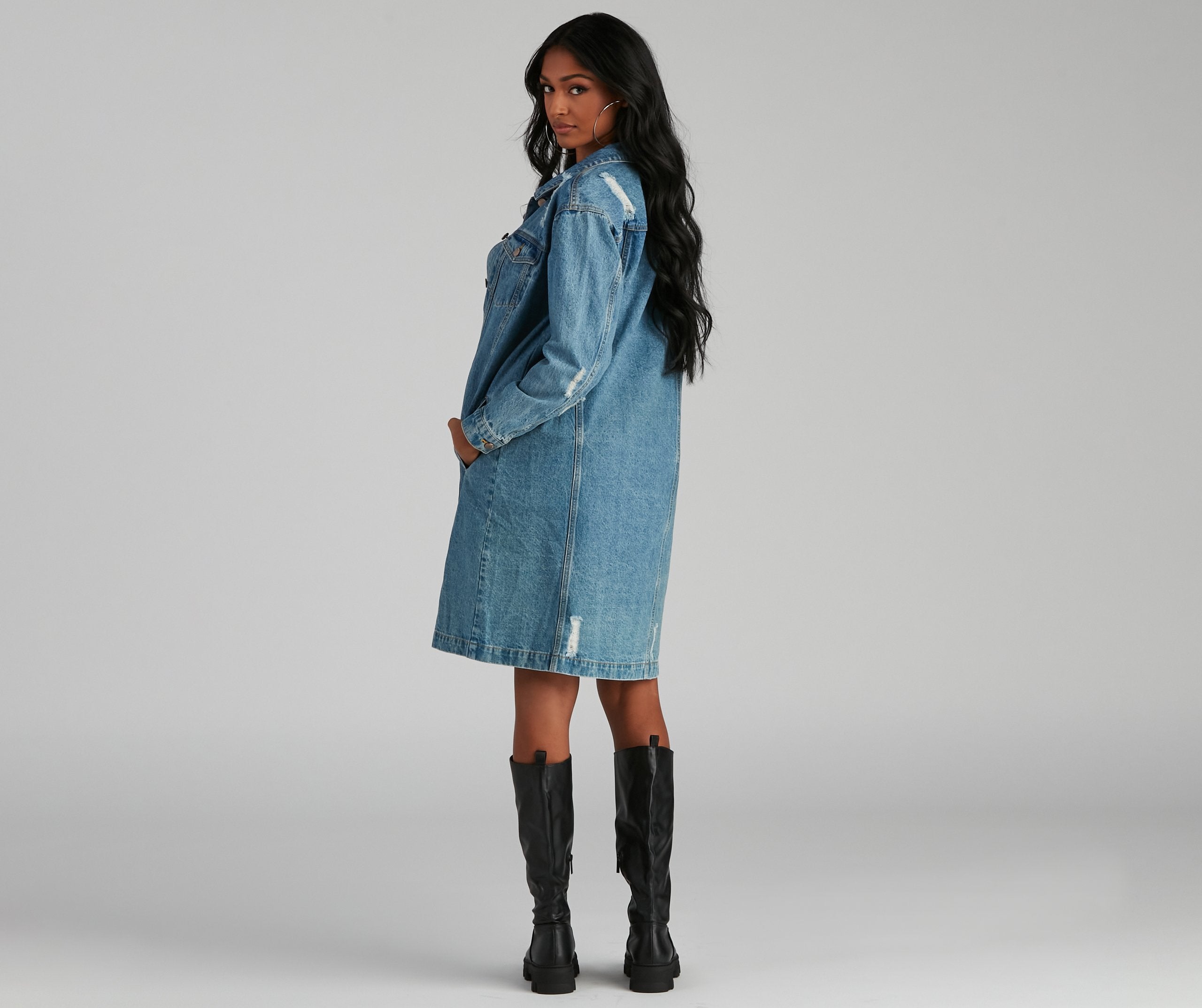 Distressed Denim Long Line Jacket - Lady Occasions