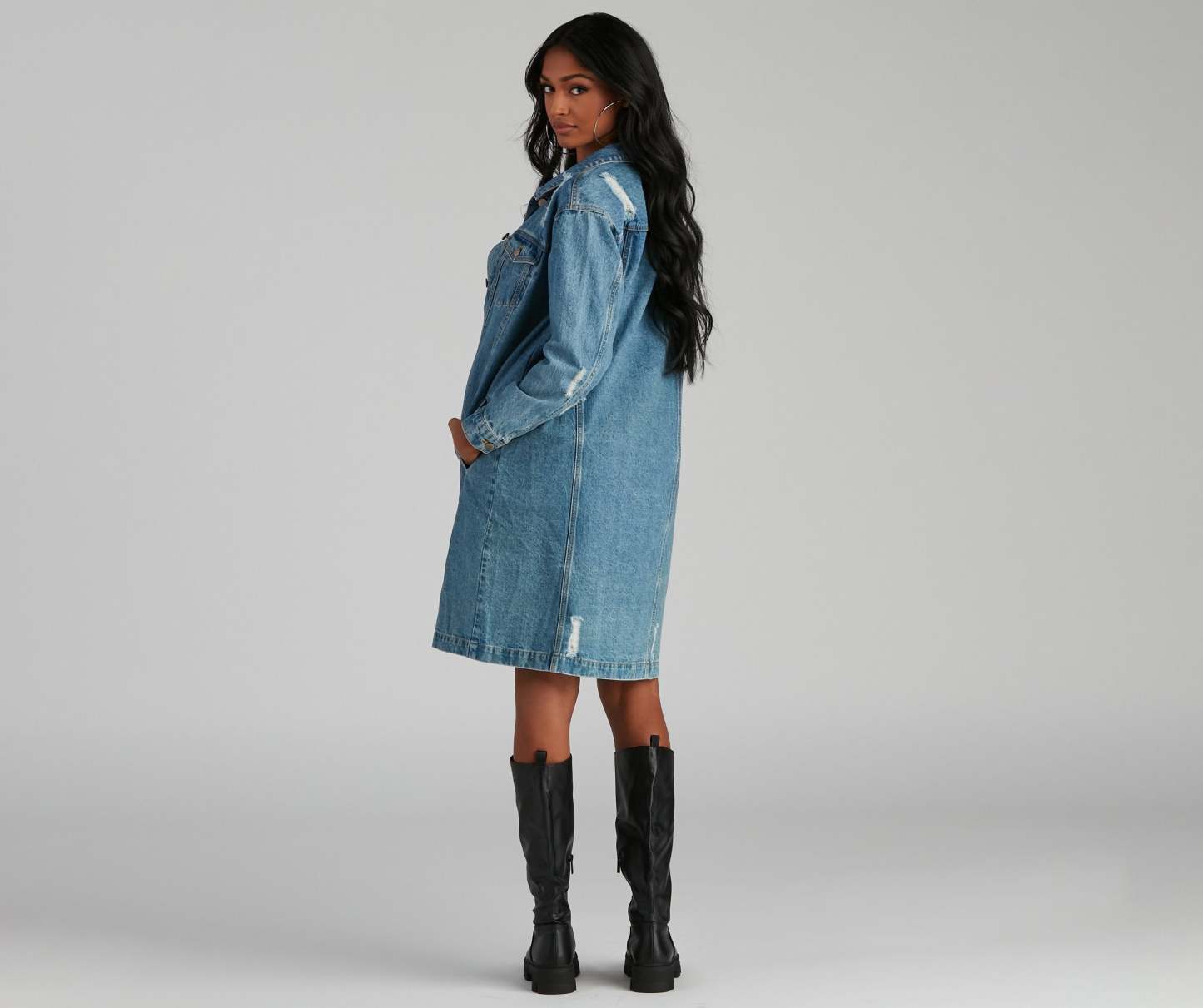 Distressed Denim Long Line Jacket - Lady Occasions