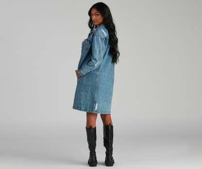 Distressed Denim Long Line Jacket - Lady Occasions