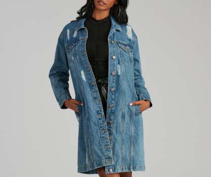Distressed Denim Long Line Jacket - Lady Occasions