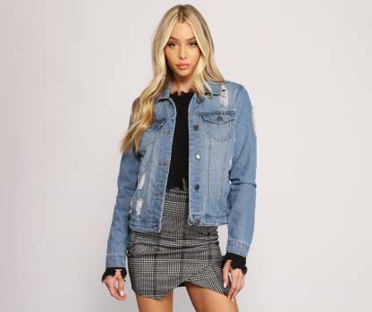 Stylish And Distressed Denim Jacket - Lady Occasions