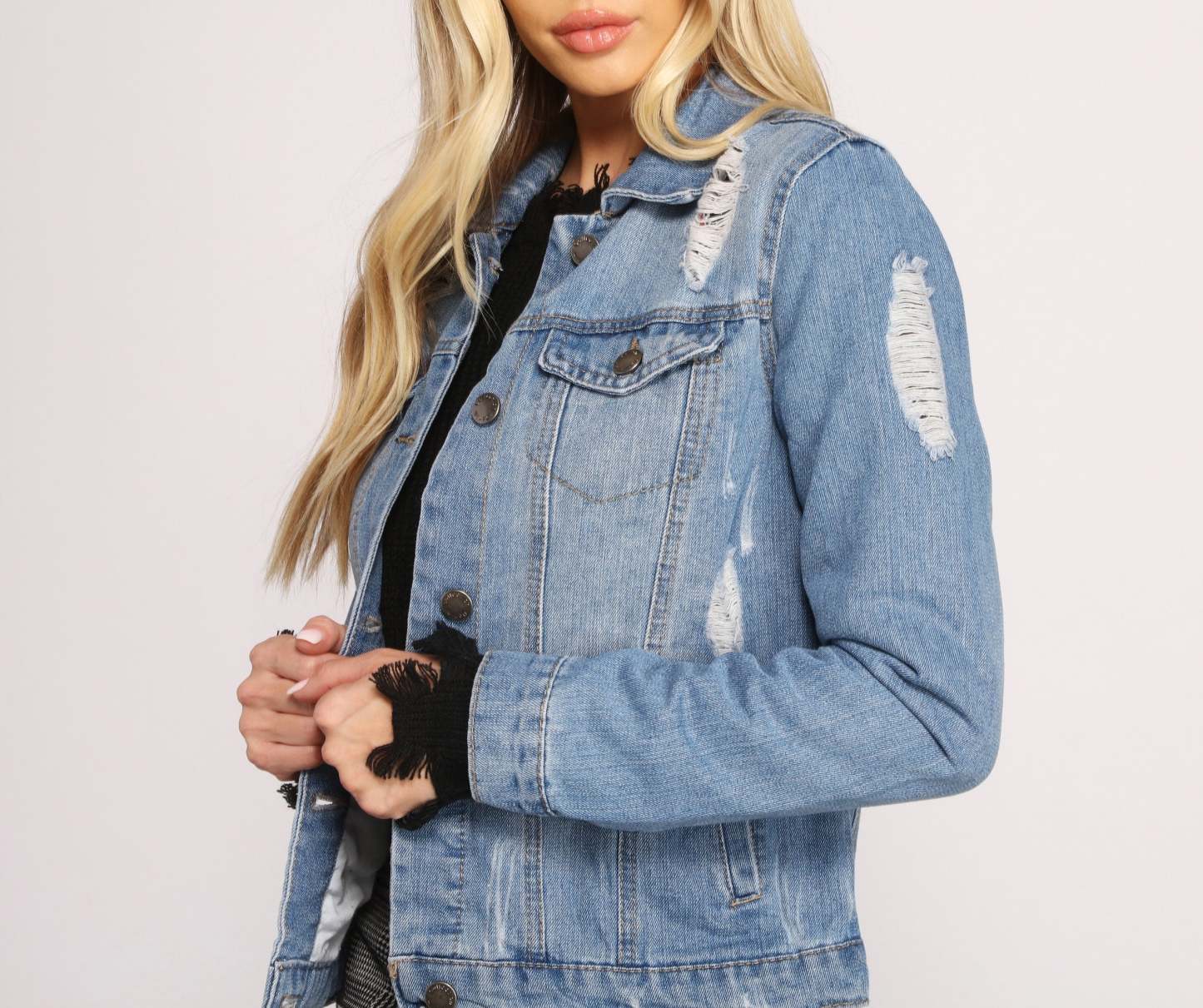 Stylish And Distressed Denim Jacket - Lady Occasions