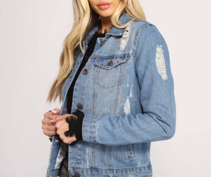 Stylish And Distressed Denim Jacket - Lady Occasions