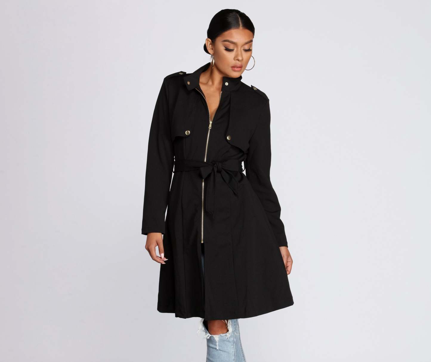 Feminine Flare Zip Up Trench Coat - Lady Occasions