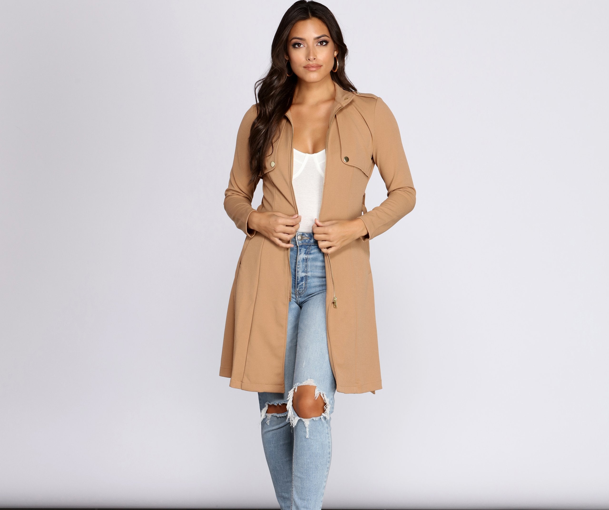 Feminine Flare Zip Up Trench Coat - Lady Occasions