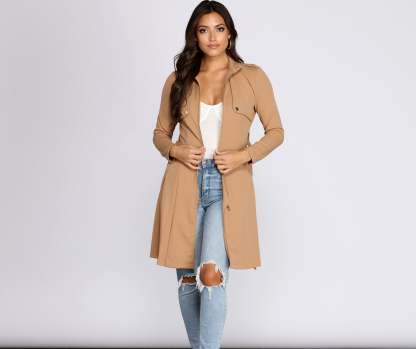 Feminine Flare Zip Up Trench Coat - Lady Occasions