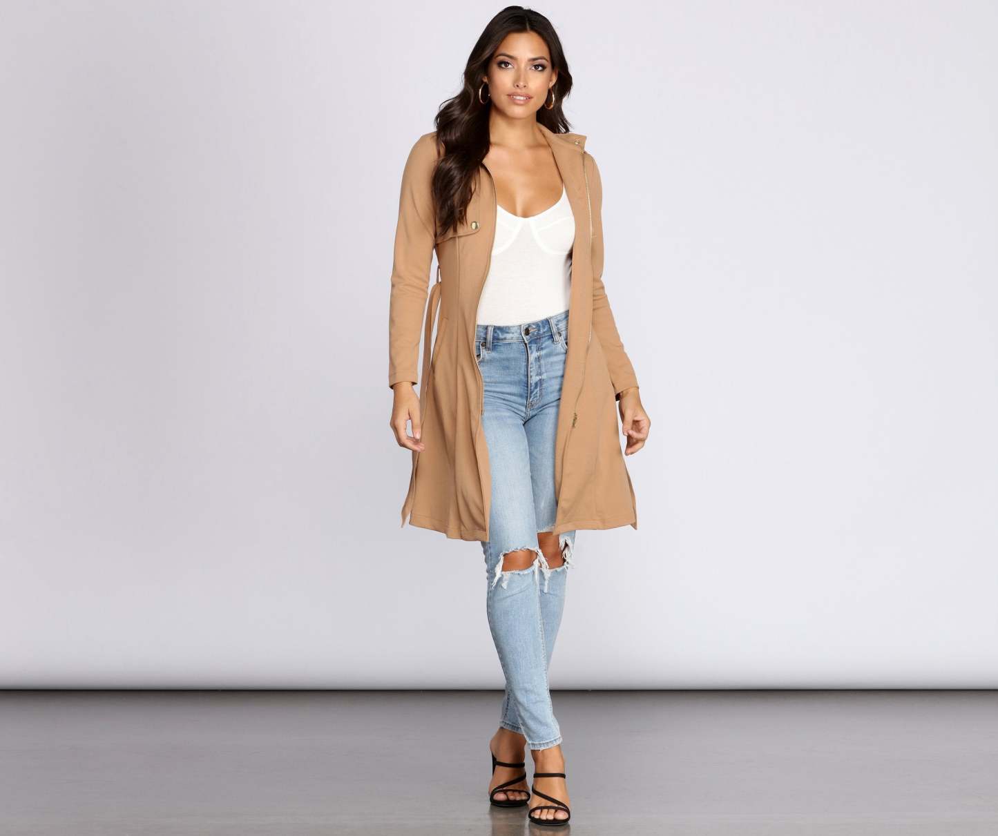 Feminine Flare Zip Up Trench Coat - Lady Occasions