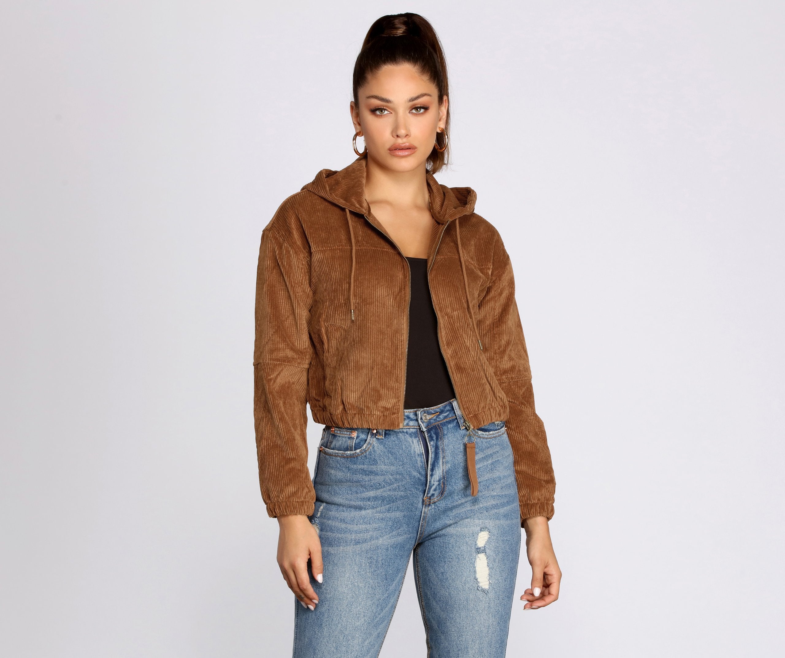 Downtown Doll Cropped Corduroy Bomber Jacket - Lady Occasions
