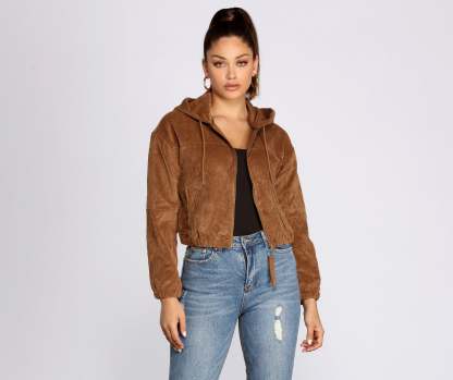 Downtown Doll Cropped Corduroy Bomber Jacket - Lady Occasions