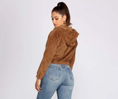 Downtown Doll Cropped Corduroy Bomber Jacket - Lady Occasions