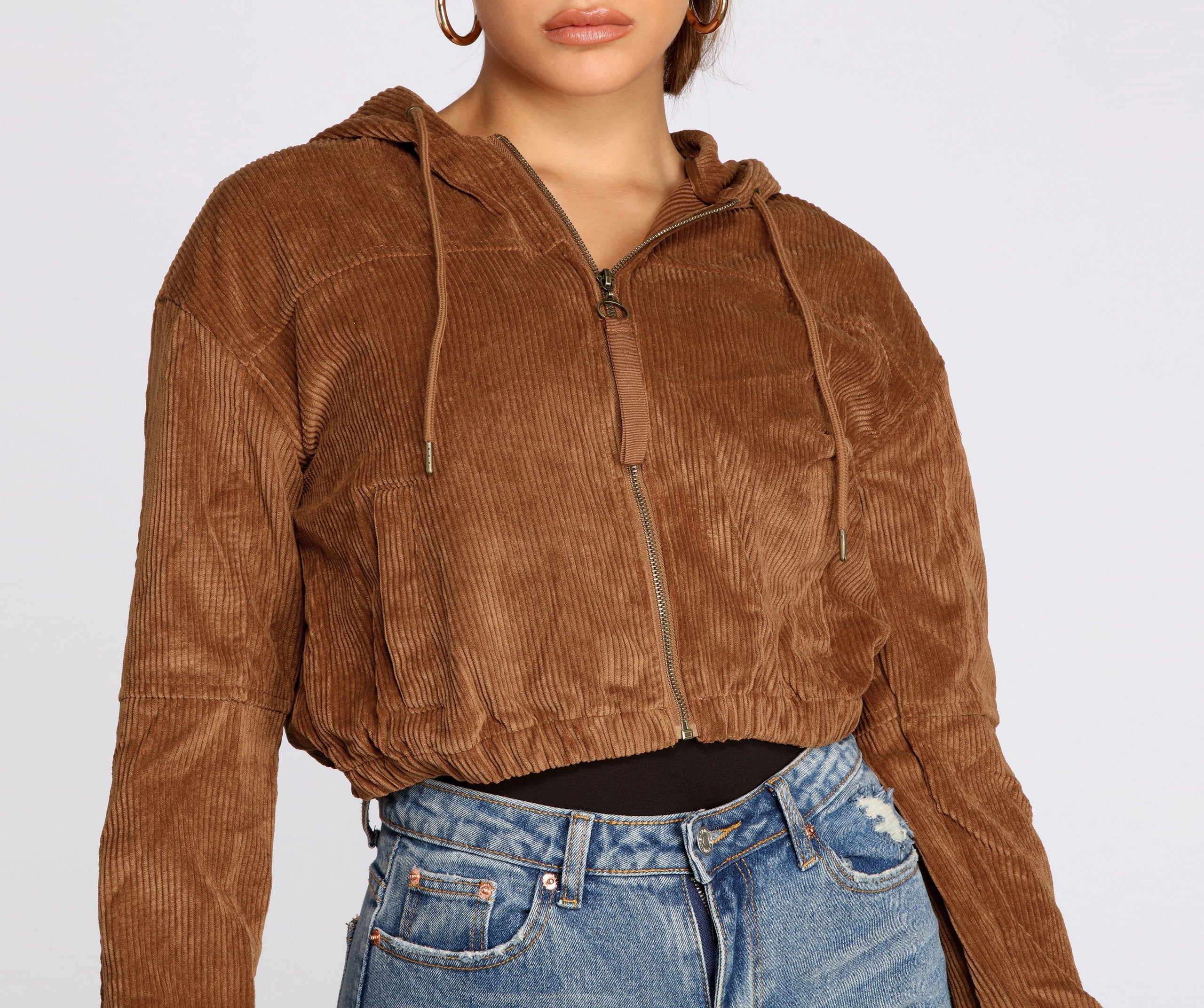 Downtown Doll Cropped Corduroy Bomber Jacket - Lady Occasions