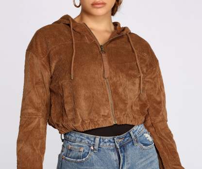 Downtown Doll Cropped Corduroy Bomber Jacket - Lady Occasions