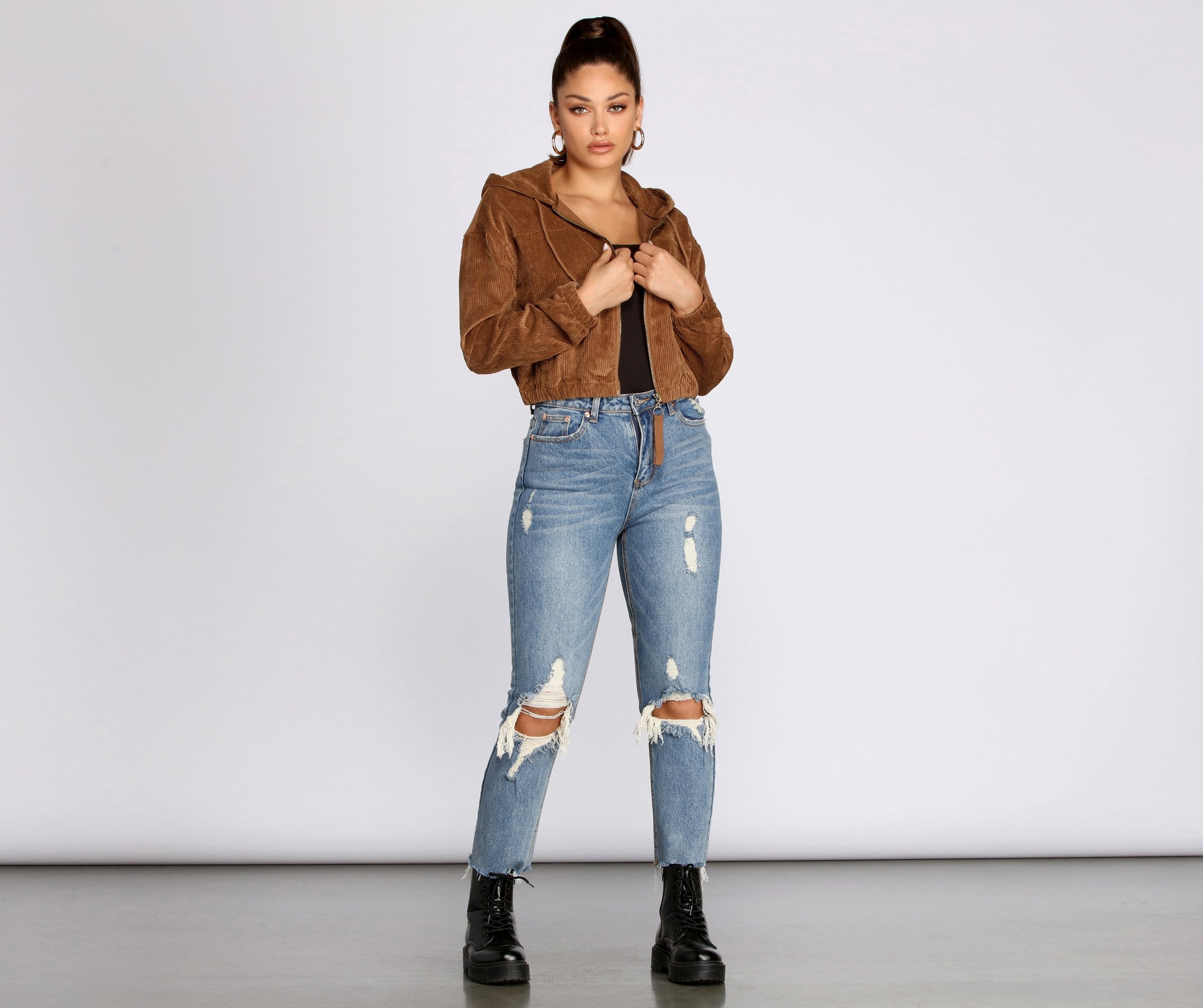 Downtown Doll Cropped Corduroy Bomber Jacket - Lady Occasions
