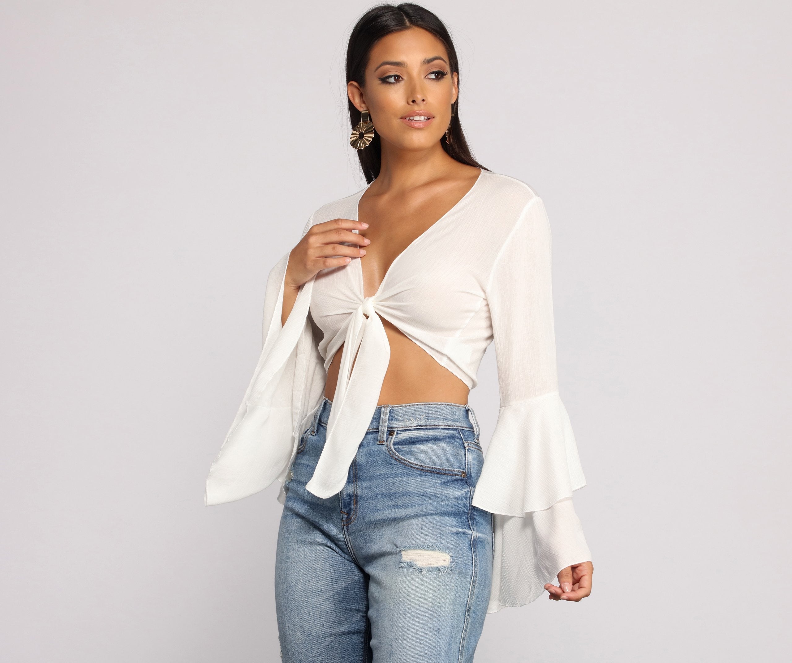 Woven Tie Front Bell Sleeve Crop Top - Lady Occasions
