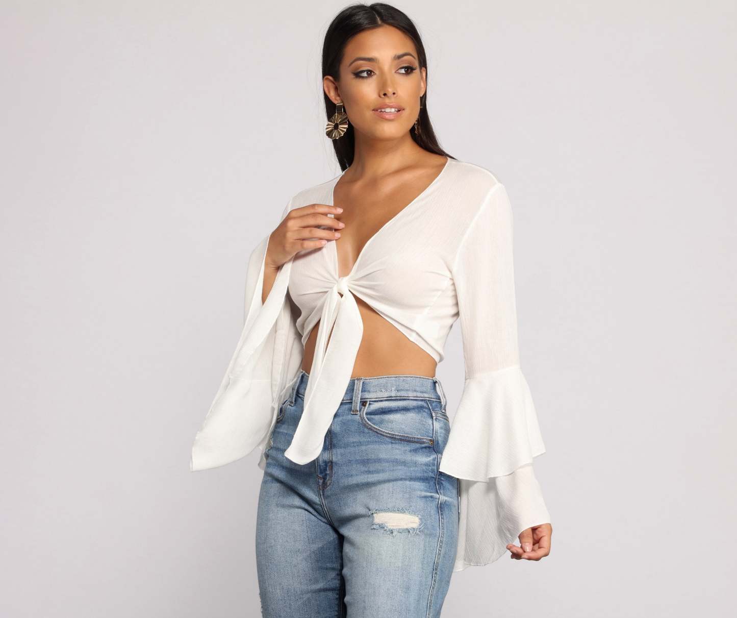 Woven Tie Front Bell Sleeve Crop Top - Lady Occasions
