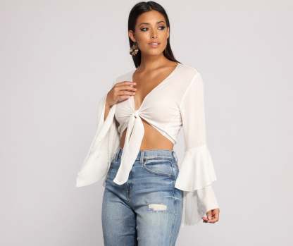 Woven Tie Front Bell Sleeve Crop Top - Lady Occasions