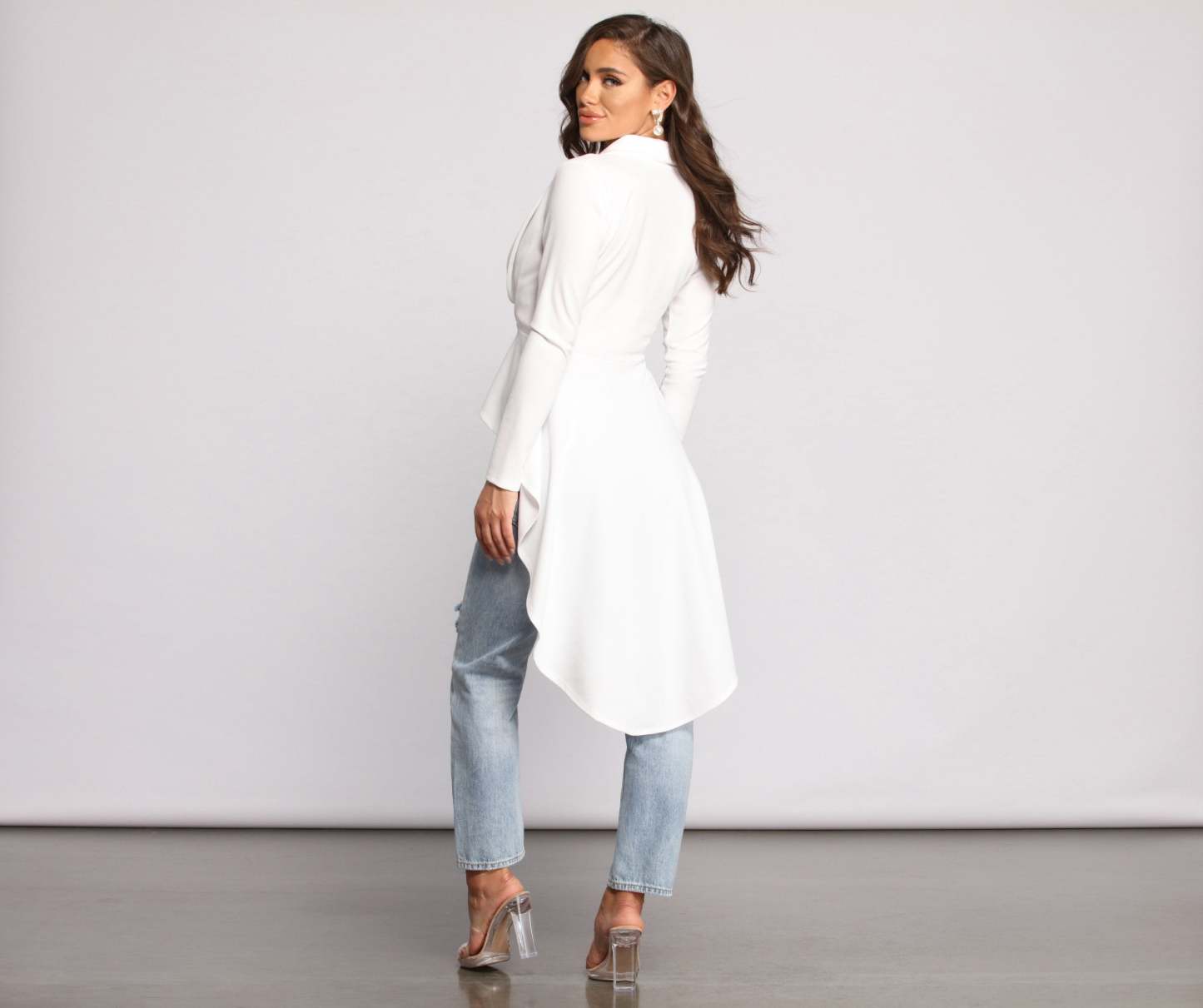 First In Class Peplum High Low Jacket - Lady Occasions