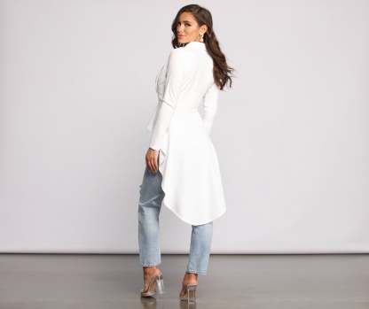 First In Class Peplum High Low Jacket - Lady Occasions