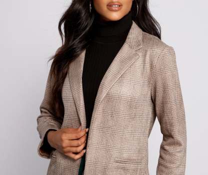 Preppy Plaid Faux Suede Blazer - Lady Occasions