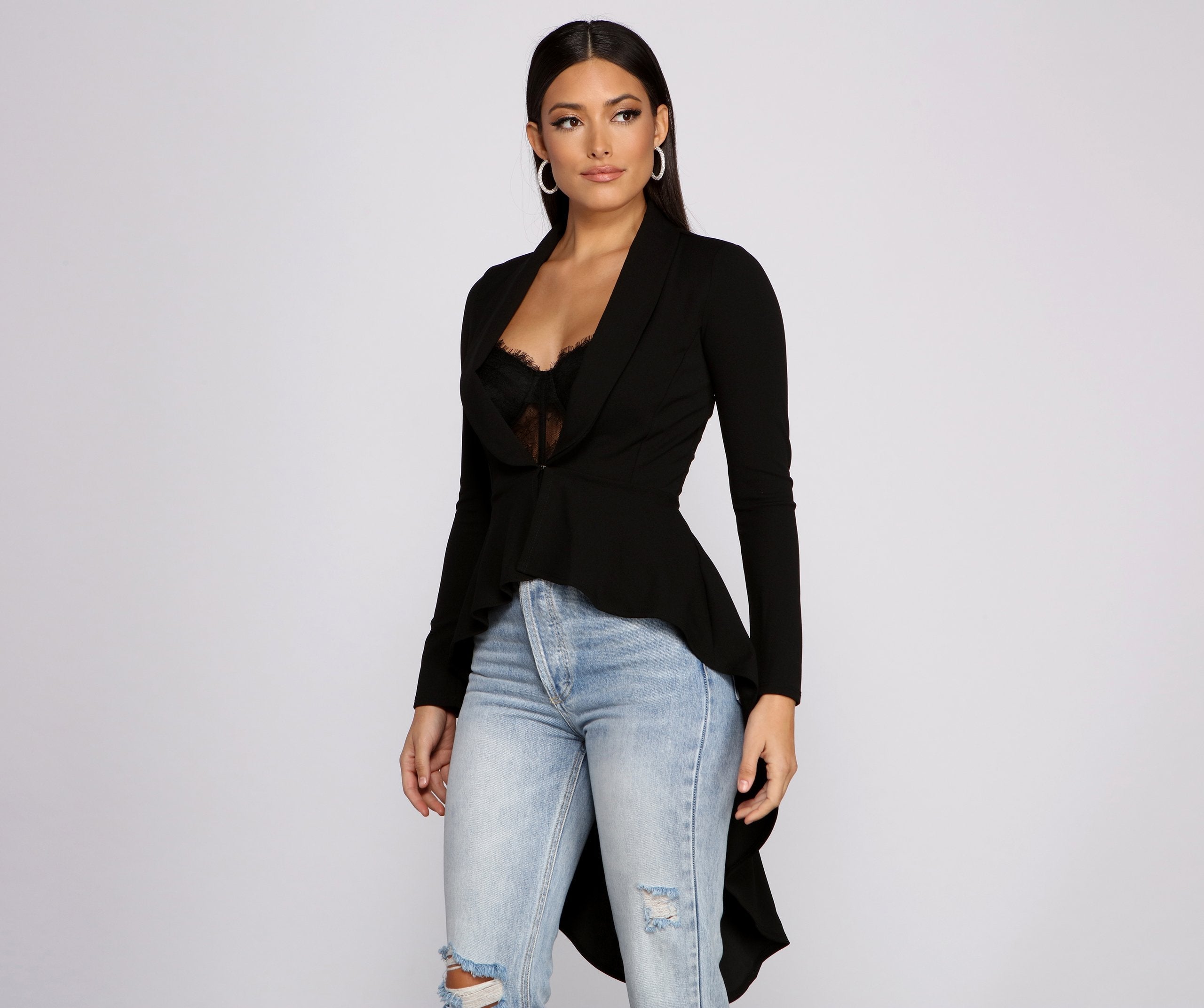 First In Class Peplum High Low Jacket - Lady Occasions