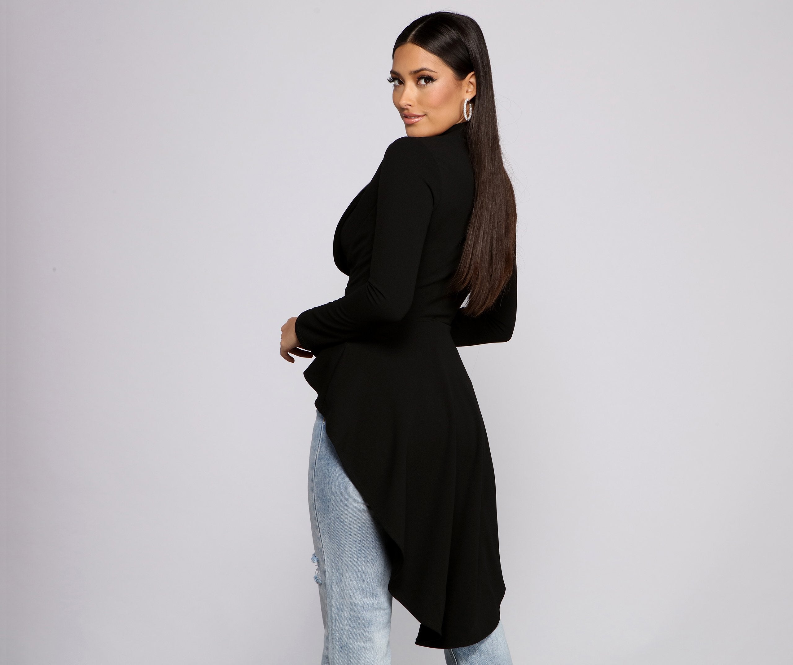 First In Class Peplum High Low Jacket - Lady Occasions