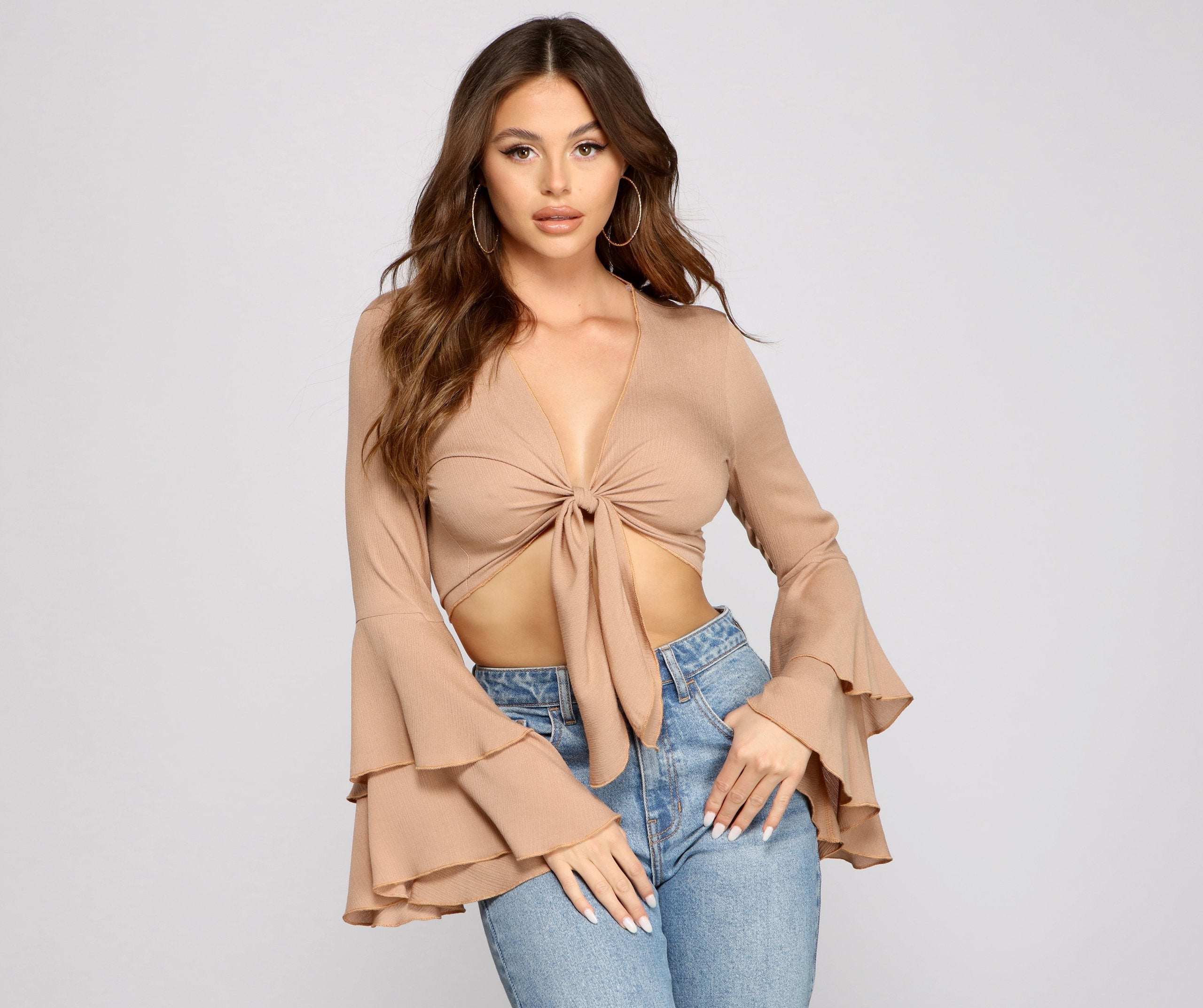 Woven Tie Front Bell Sleeve Crop Top - Lady Occasions