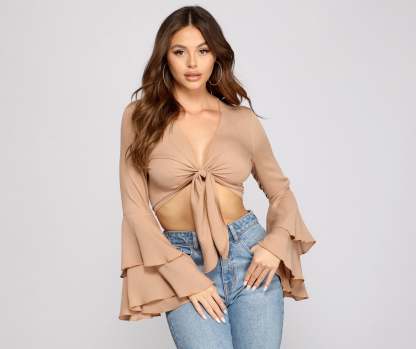 Woven Tie Front Bell Sleeve Crop Top - Lady Occasions