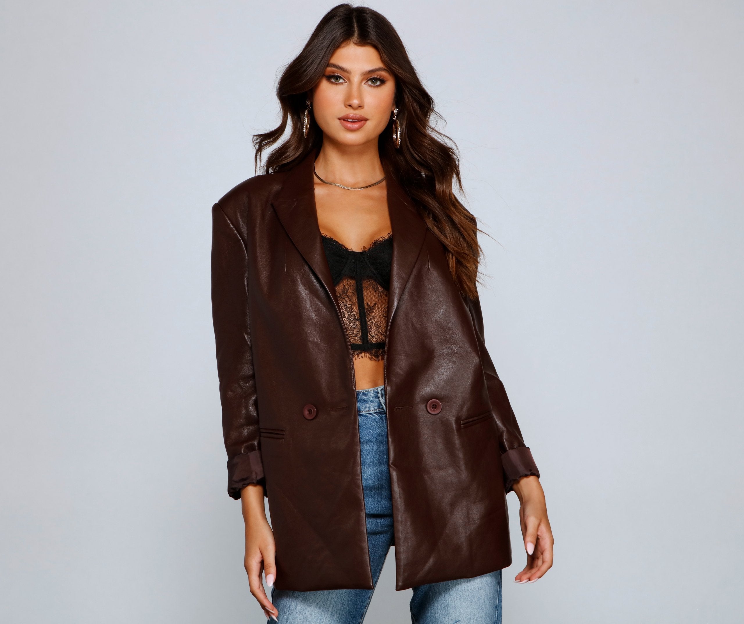 Trendy Oversized Faux Leather Blazer - Lady Occasions