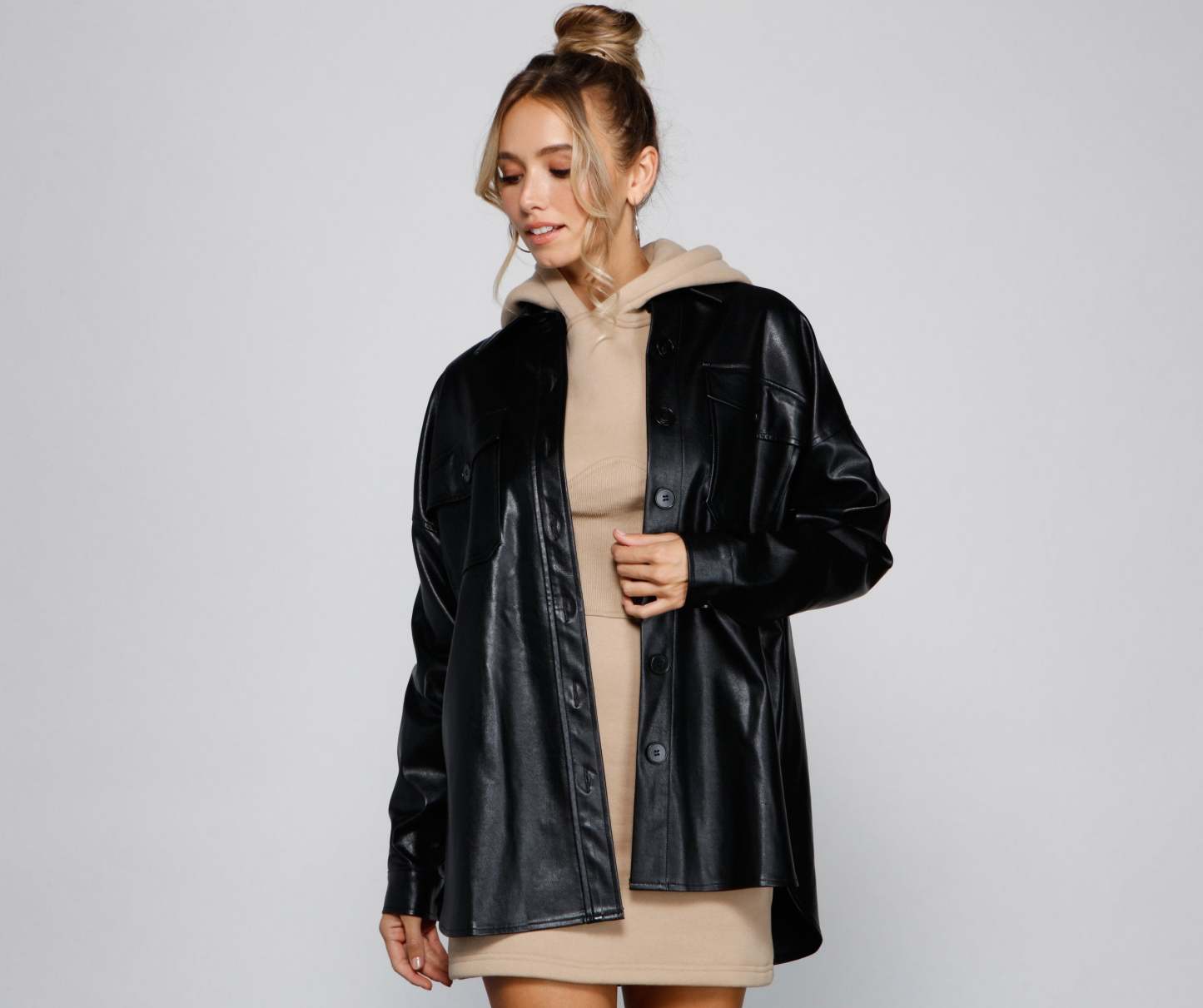 Essential Faux Leather Long Shacket - Lady Occasions