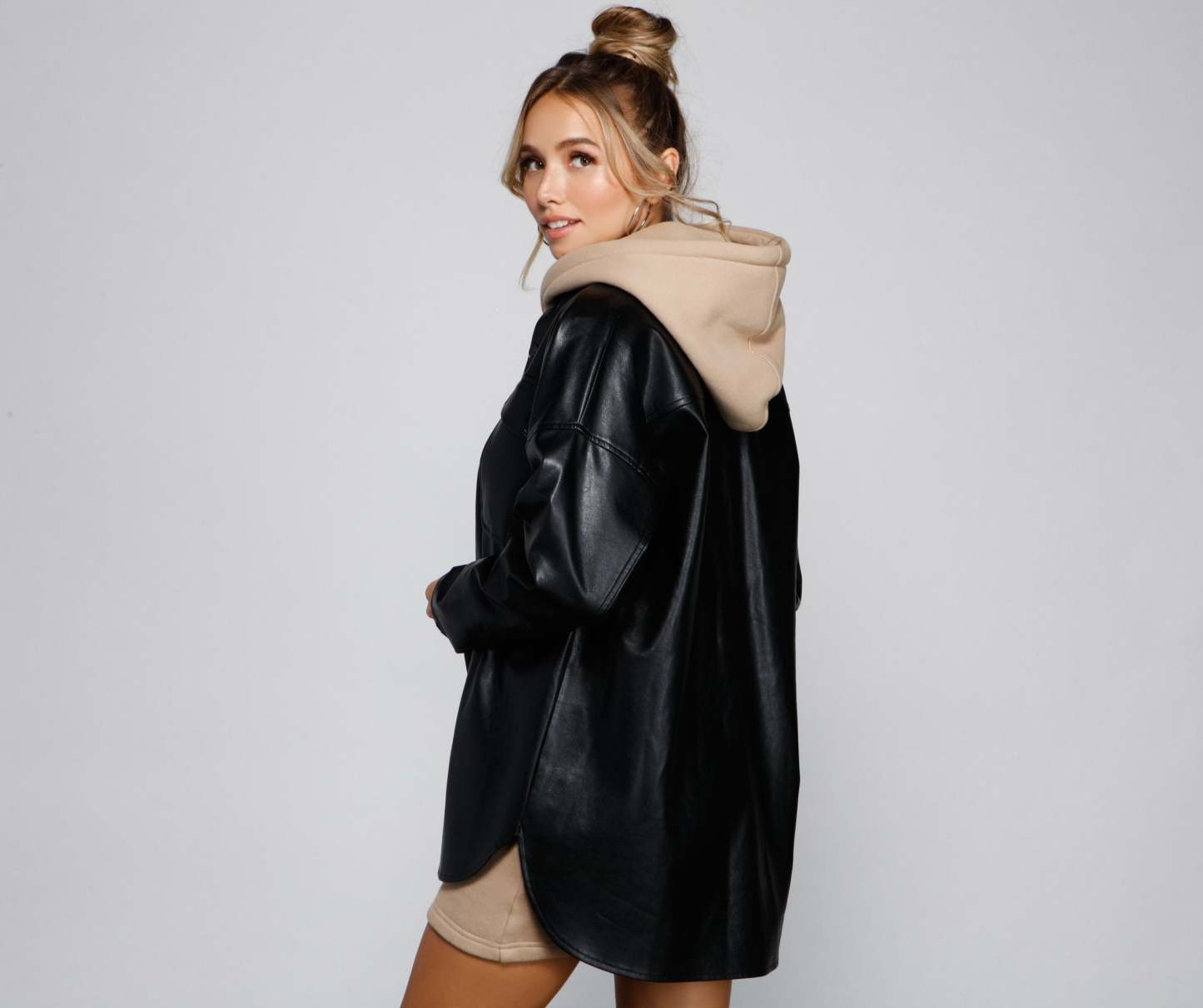 Essential Faux Leather Long Shacket - Lady Occasions