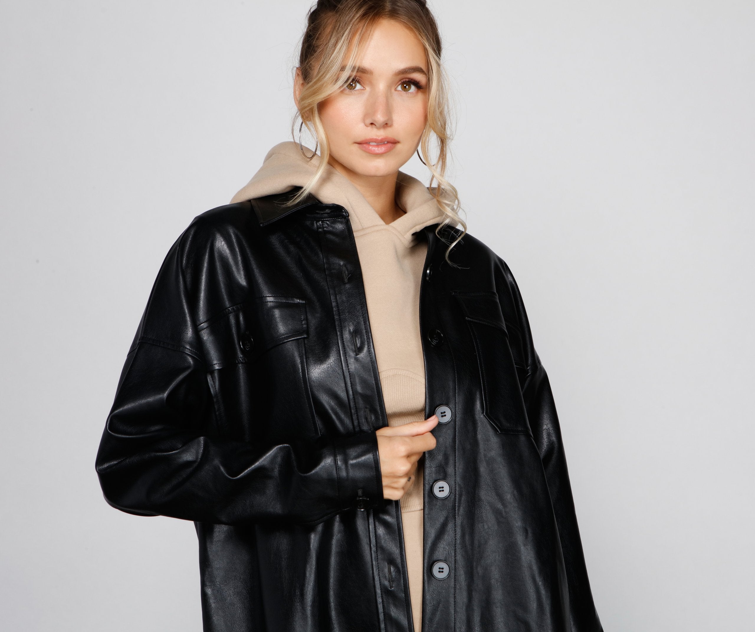 Essential Faux Leather Long Shacket - Lady Occasions